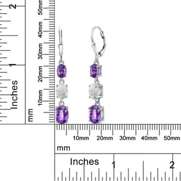 925 Sterling Silver with 5.30 Cttw 3 Stone Amethyst and White Opal Drop Earrings
